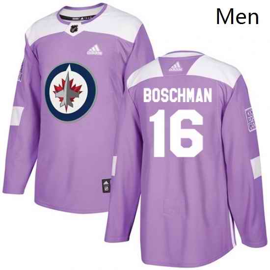 Mens Adidas Winnipeg Jets 16 Laurie Boschman Authentic Purple Fights Cancer Practice NHL Jersey